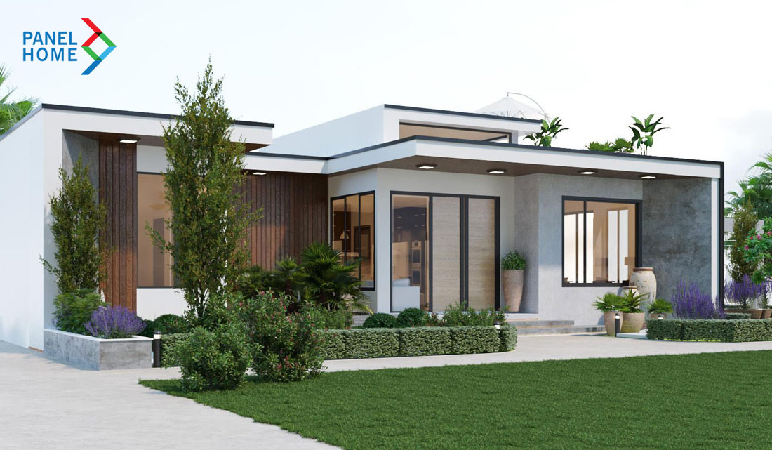 Nhà tiền chế có sân trước rộng rãi tại khu vực nông thôn