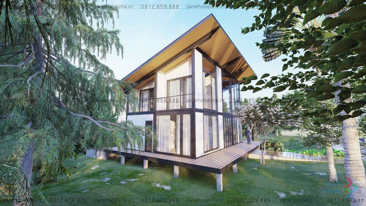 Nhà tiền chế cấp 4 mái Thái với cửa kính lớn